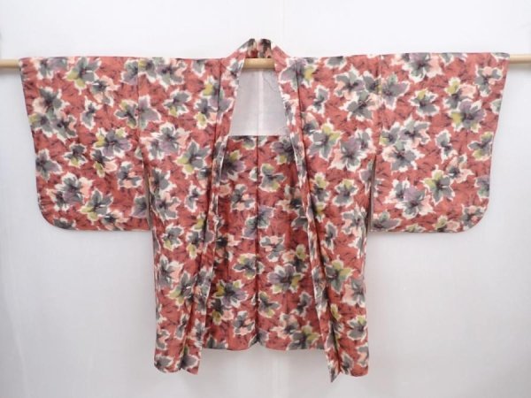Photo5: 5919T08z430 Vintage Japanese Kimono Silk MEISEN HAORI Flower Dark coral (5)