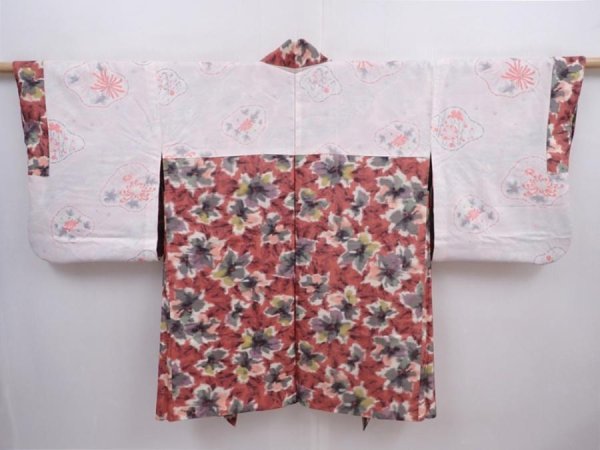 Photo7: 5919T08z430 Vintage Japanese Kimono Silk MEISEN HAORI Flower Dark coral (7)