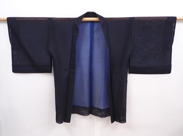 Photo5: 5919T10z210 Vintage Japanese Kimono Silk See through HAORI Plain Black (5)