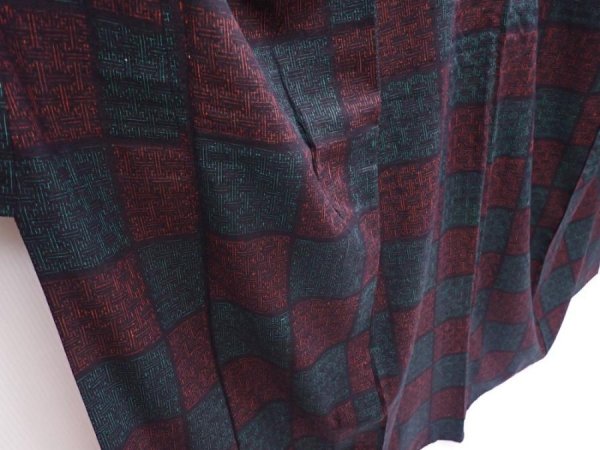 Photo3: 5919T11z810 Vintage Japanese Kimono Silk TSUMUGI  Dark red BLACK GREEN (3)
