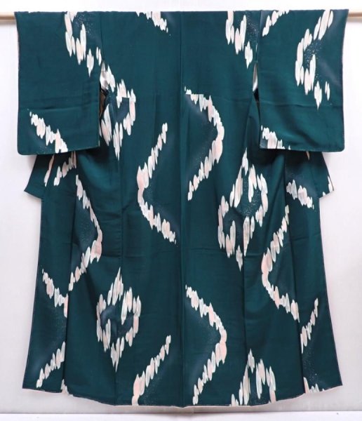 Photo1: 5919T12z760 Vintage Japanese Kimono Silk KOMON  Dark cyan (1)