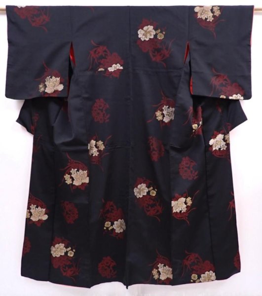Photo1: 5919T13z630 Vintage Japanese Kimono Silk OMESHI KOMON Flowers Black (1)