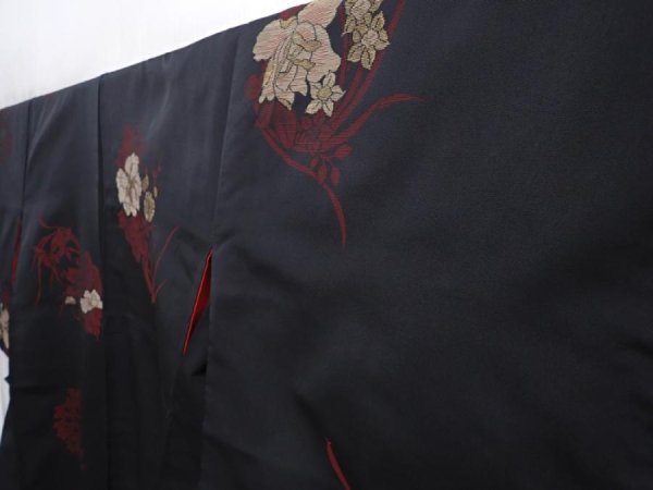 Photo2: 5919T13z630 Vintage Japanese Kimono Silk OMESHI KOMON Flowers Black (2)