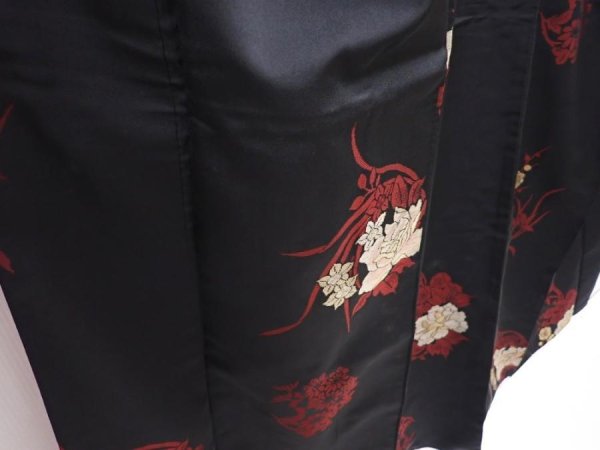 Photo3: 5919T13z630 Vintage Japanese Kimono Silk OMESHI KOMON Flowers Black (3)