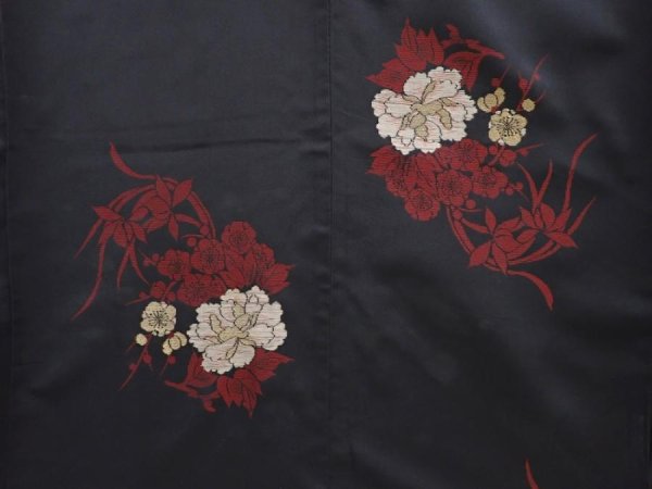 Photo5: 5919T13z630 Vintage Japanese Kimono Silk OMESHI KOMON Flowers Black (5)