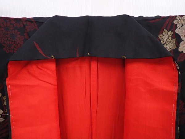 Photo7: 5919T13z630 Vintage Japanese Kimono Silk OMESHI KOMON Flowers Black (7)