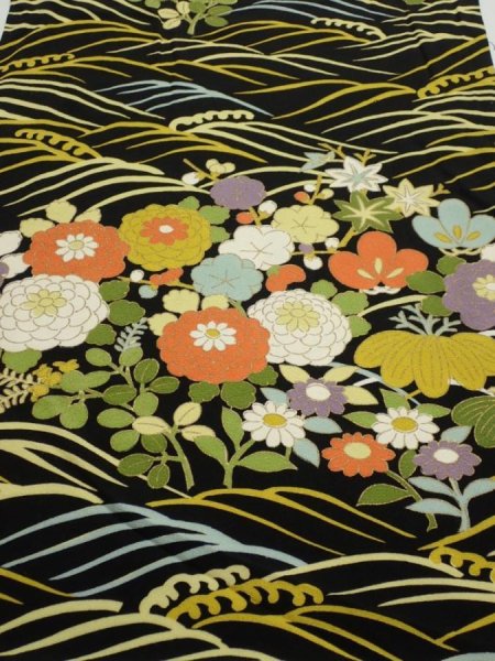 Photo1: 4B01z70  Japanese Kimono Silk  FABRIC Flowers, Wave Black 44.9x14.0 (1)