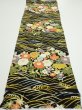 Photo5: 4B01z70  Japanese Kimono Silk  FABRIC Flowers, Wave Black 44.9x14.0 (5)