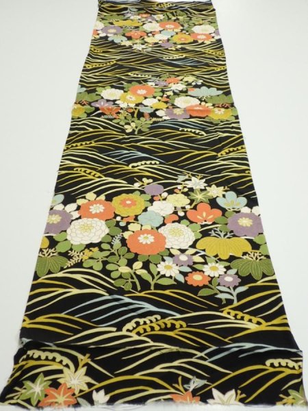 Photo5: 4B01z70  Japanese Kimono Silk  FABRIC Flowers, Wave Black 44.9x14.0 (5)