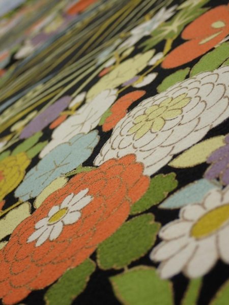 Photo4: 4B02z70  Japanese Kimono Silk  FABRIC Flowers, Wave Black 45.3x14.0 (4)