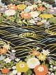 Photo1: 4B03z100  Japanese Kimono Silk  FABRIC Flowers, Wave Black 61.4x14.0 (1)