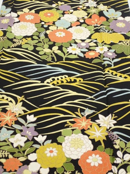 Photo1: 4B03z100  Japanese Kimono Silk  FABRIC Flowers, Wave Black 61.4x14.0 (1)