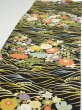 Photo3: 4B03z100  Japanese Kimono Silk  FABRIC Flowers, Wave Black 61.4x14.0 (3)