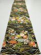 Photo5: 4B03z100  Japanese Kimono Silk  FABRIC Flowers, Wave Black 61.4x14.0 (5)