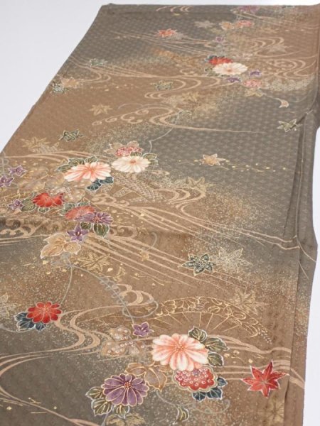 Photo3: 4B01z70  Japanese Kimono Silk  FABRIC Stream, Flowers Brown-Gray 45.3x15.0 (3)