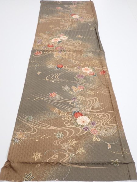 Photo5: 4B01z70  Japanese Kimono Silk  FABRIC Stream, Flowers Brown-Gray 45.3x15.0 (5)