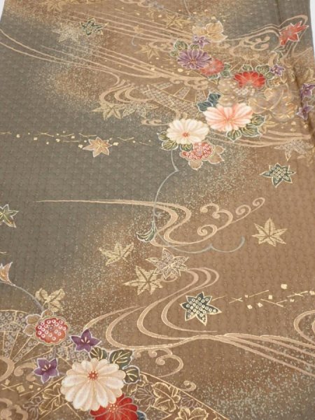 Photo1: 4B02z70  Japanese Kimono Silk  FABRIC Stream, Flowers Brown-Gray 44.9x15.0 (1)