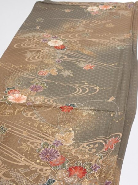 Photo3: 4B02z70  Japanese Kimono Silk  FABRIC Stream, Flowers Brown-Gray 44.9x15.0 (3)