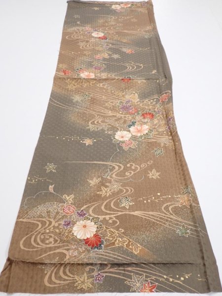 Photo5: 4B02z70  Japanese Kimono Silk  FABRIC Stream, Flowers Brown-Gray 44.9x15.0 (5)