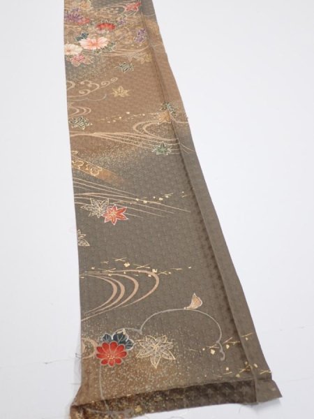 Photo2: 4B07z40  Japanese Kimono Silk  FABRIC Stream, Flowers Brown-Gray 59.8x7.5 (2)
