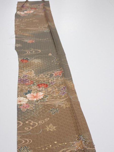 Photo3: 4B07z40  Japanese Kimono Silk  FABRIC Stream, Flowers Brown-Gray 59.8x7.5 (3)