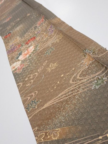Photo1: 4B08z40  Japanese Kimono Silk  FABRIC Stream, Flowers Brown-Gray 59.8x7.5 (1)