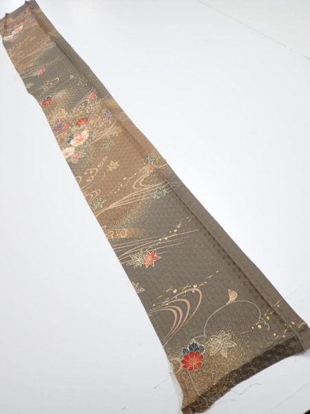 Photo5: 4B08z40  Japanese Kimono Silk  FABRIC Stream, Flowers Brown-Gray 59.8x7.5 (5)