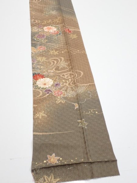 Photo4: 4B09z60  Japanese Kimono Silk  FABRIC Stream, Flowers Brown-Gray 82.3x7.3 (4)