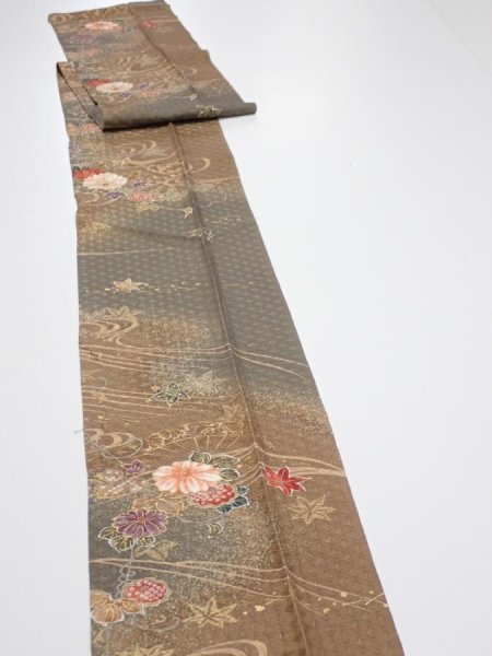 Photo5: 4B09z60  Japanese Kimono Silk  FABRIC Stream, Flowers Brown-Gray 82.3x7.3 (5)