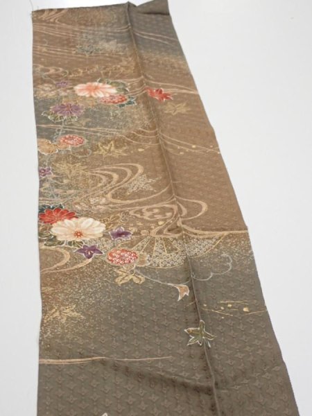 Photo4: 4B10z30  Japanese Kimono Silk  FABRIC Stream, Flowers Brown-Gray 37.4x7.3 (4)