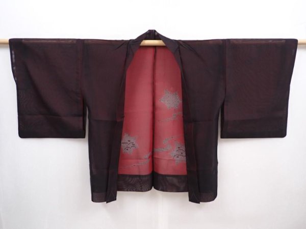 Photo5: 5927T03z190 Vintage Japanese Kimono Silk See through HAORI Maple Black (5)