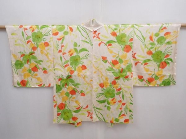 Photo1: 5927T04z550 Vintage Japanese Kimono Silk HAORI Flower Off-white (1)