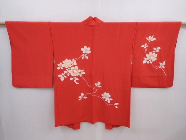 Photo1: 5927T05z600 Vintage Japanese Kimono Silk HAORI Flower Red (1)