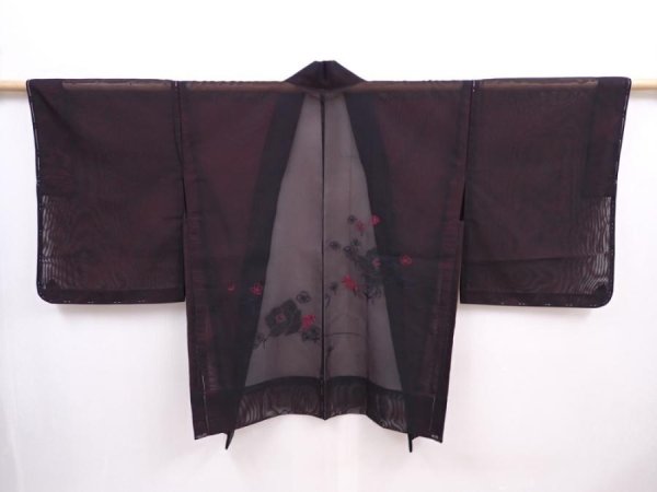 Photo1: 5927T08z270 Vintage Japanese Kimono Silk See through HAORI Rose Black (1)