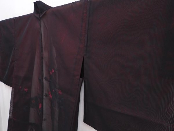 Photo2: 5927T08z270 Vintage Japanese Kimono Silk See through HAORI Rose Black (2)