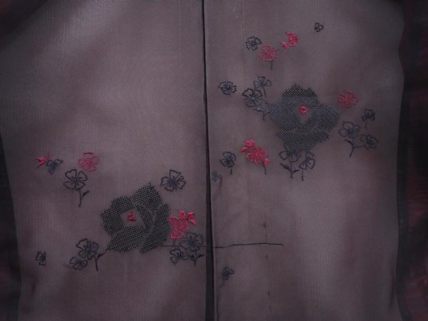 Photo3: 5927T08z270 Vintage Japanese Kimono Silk See through HAORI Rose Black (3)