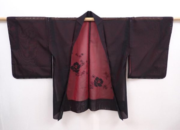 Photo5: 5927T08z270 Vintage Japanese Kimono Silk See through HAORI Rose Black (5)
