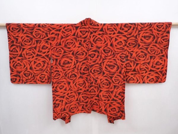 Photo1: 5927T09z440 Vintage Japanese Kimono Silk HAORI Flower Tomato red (1)