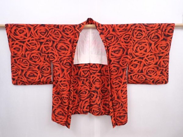 Photo5: 5927T09z440 Vintage Japanese Kimono Silk HAORI Flower Tomato red (5)