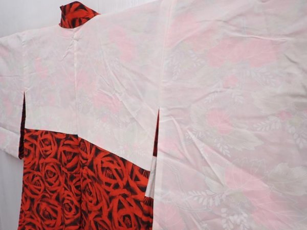 Photo7: 5927T09z440 Vintage Japanese Kimono Silk HAORI Flower Tomato red (7)