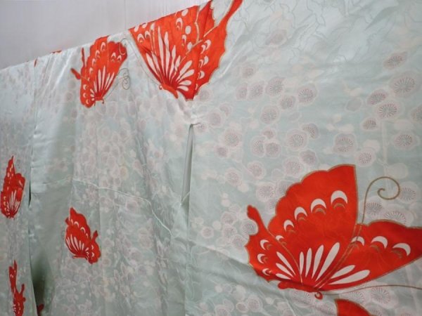 Photo2: 5927T13z820 Vintage Japanese Kimono Silk FURISODE Butterfly Light blue (2)