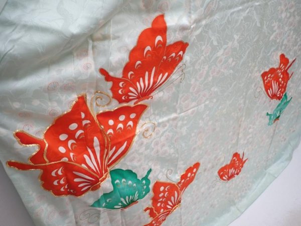 Photo3: 5927T13z820 Vintage Japanese Kimono Silk FURISODE Butterfly Light blue (3)