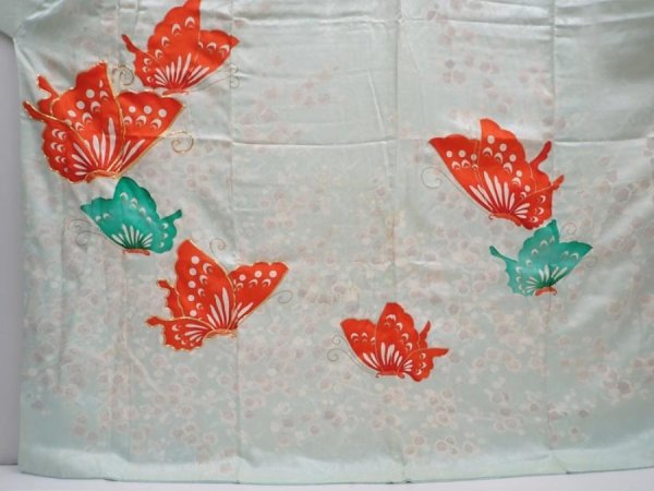 Photo5: 5927T13z820 Vintage Japanese Kimono Silk FURISODE Butterfly Light blue (5)