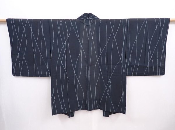 Photo1: 6001T01z310 Vintage Japanese Kimono Silk See through HAORI  Dark green-gray (1)