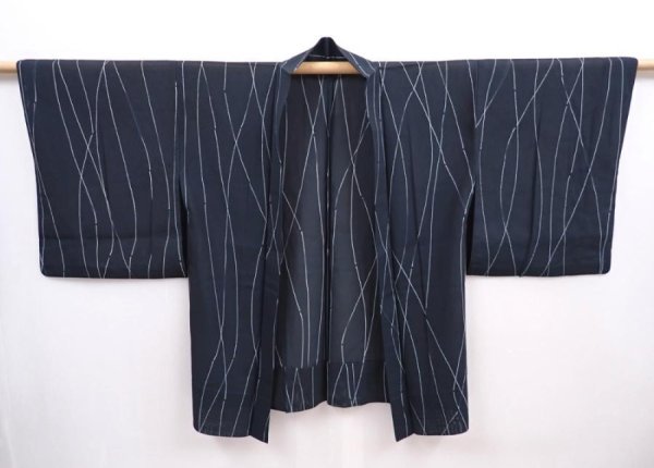 Photo5: 6001T01z310 Vintage Japanese Kimono Silk See through HAORI  Dark green-gray (5)