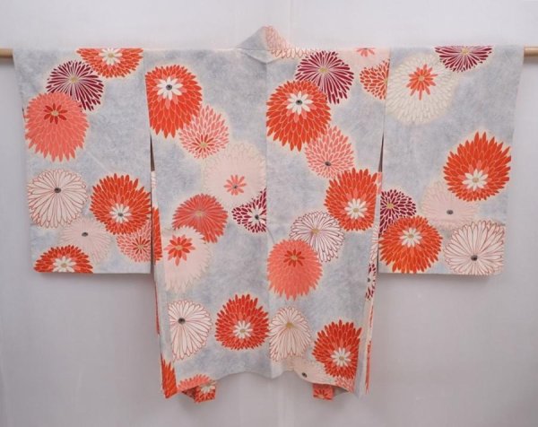 Photo1: 6001T04z750 Vintage Japanese Kimono Silk HAORI Chrysanthemum Light gray (1)