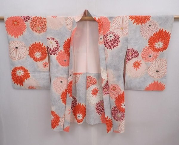 Photo6: 6001T04z750 Vintage Japanese Kimono Silk HAORI Chrysanthemum Light gray (6)