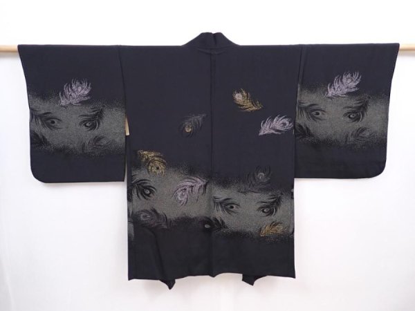 Photo1: 6001T05z540 Vintage Japanese Kimono Silk HAORI Peacock feather Black (1)