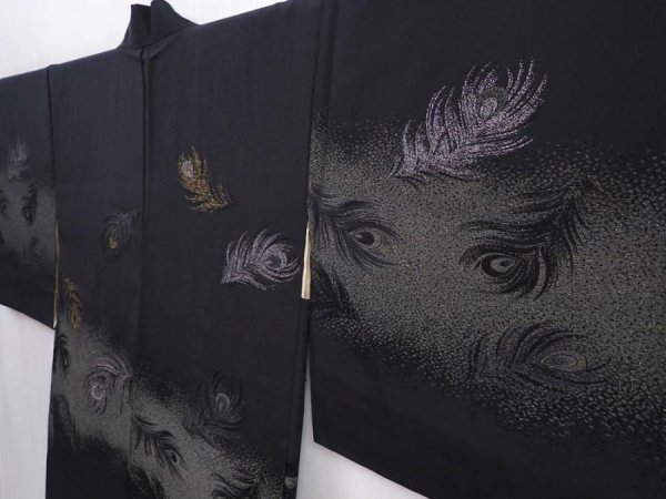 Photo2: 6001T05z540 Vintage Japanese Kimono Silk HAORI Peacock feather Black (2)
