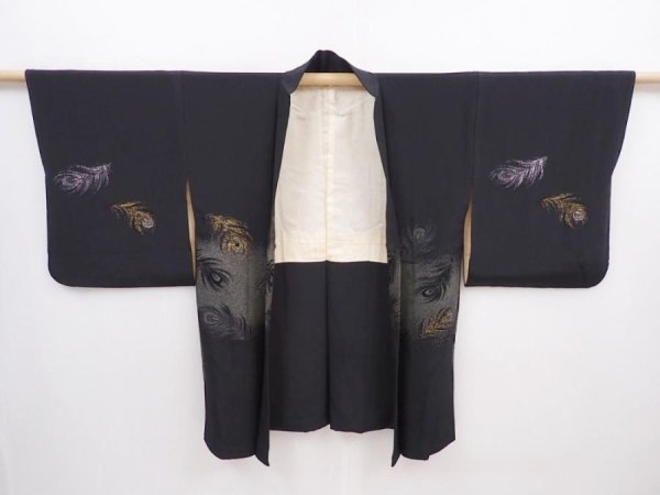 Photo5: 6001T05z540 Vintage Japanese Kimono Silk HAORI Peacock feather Black (5)